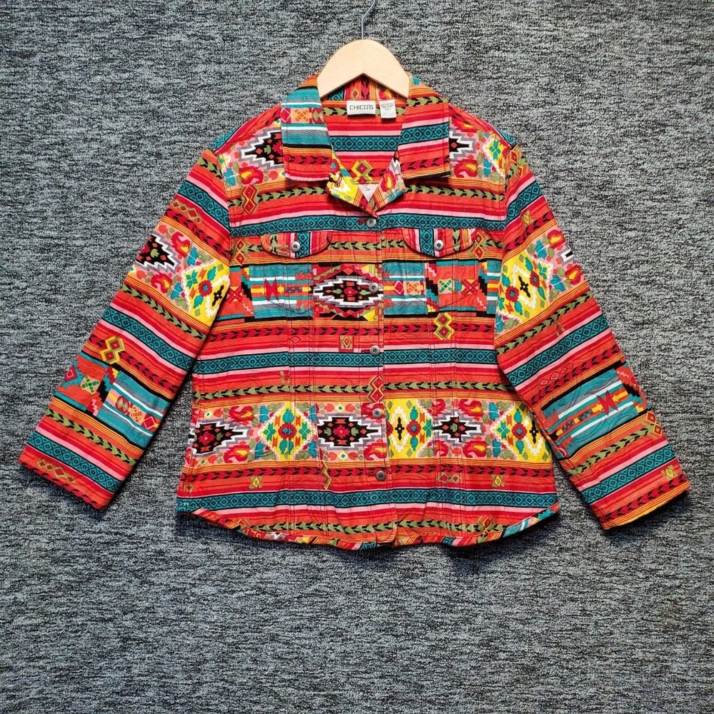 Chicos Southwest Aztec Print Denim Trucker Jacket Women XL Red Blue Cotton Boho